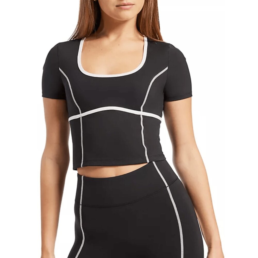 BANDIER Crop Short Sleeve Contrast Scoop Neck Top BLACK SMALL NEW WOT